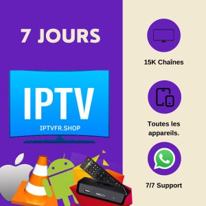 Abonnement IPTV 7 Jours  : Plus de 10.000 chaînes 4K, FHD, HD et SD et plus de 5.000 VODS (films, séries, documentaires, animés pour enfants, sports… etc). Serveurs stables, haute qualité, haute disponibilité et SANS COUPURE! Pays disponibles : France , USA, Belgique, Suisse, Espagne, Portugal, Italie, Allemagne, Pays-Bas, arabe, Royaume-Uni, Latino, Turquie, USA, Canada, Australie, Afrique, Inde …